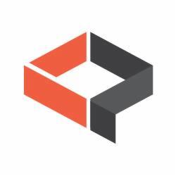 Abstrakcyjne logo firmy w kolorach pomarańczowym i szarym, przedstawiające trójwymiarową, otwartą konstrukcję w kształcie kwadratu.