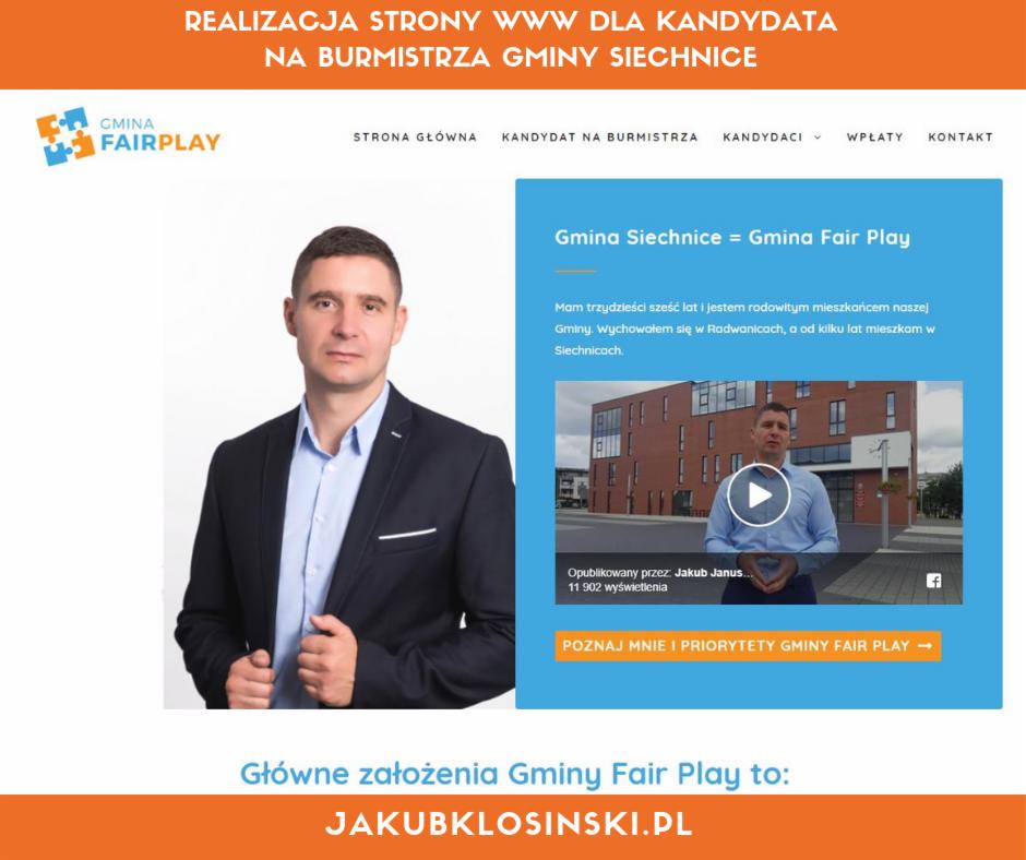 Strona internetowa kandydata na burmistrza gminy Siechnice, z logo 'Gmina Fairplay', zdjęciem kandydata w garniturze oraz wideo prezentacją.