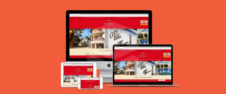 Responsywna strona internetowa hotelu Villa Wernera wyświetlana na monitorze, laptopie, tablecie i smartfonie na pomarańczowym tle.