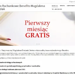 Strona internetowa biura rachunkowego Benefito z ofertą pierwszego miesiąca gratis, widoczne logo, nagłówek z danymi kontaktowymi, krótki opis działalności i lista oferowanych usług.