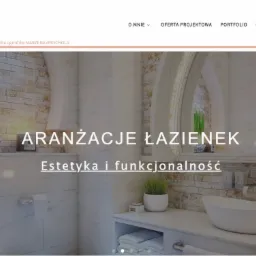 Strona internetowa prezentująca aranżacje łazienek z hasłem 'Estetyka i funkcjonalność', zawierająca widok luksusowej łazienki z marmurowymi płytkami, designerską umywalką i kabiną prysznicową.