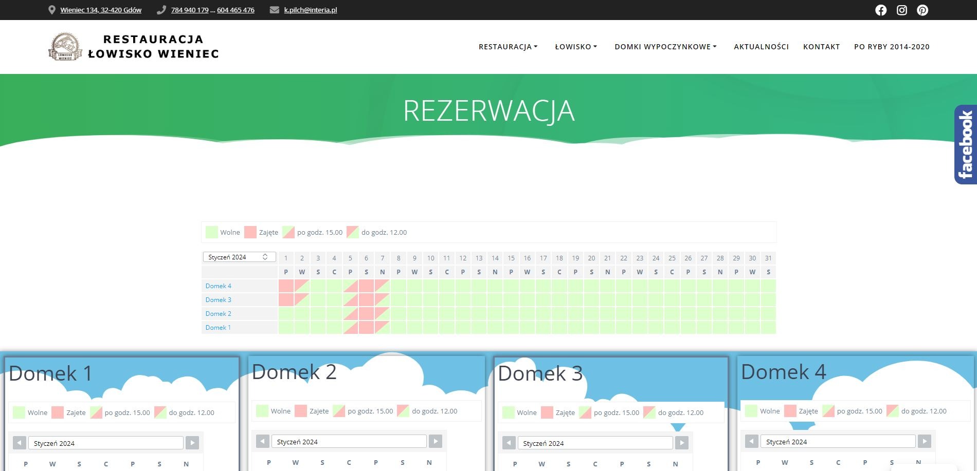 Widok strony internetowej z systemem rezerwacji domków wypoczynkowych, prezentujący kalendarz dostępności na styczeń 2024 dla każdego domku.