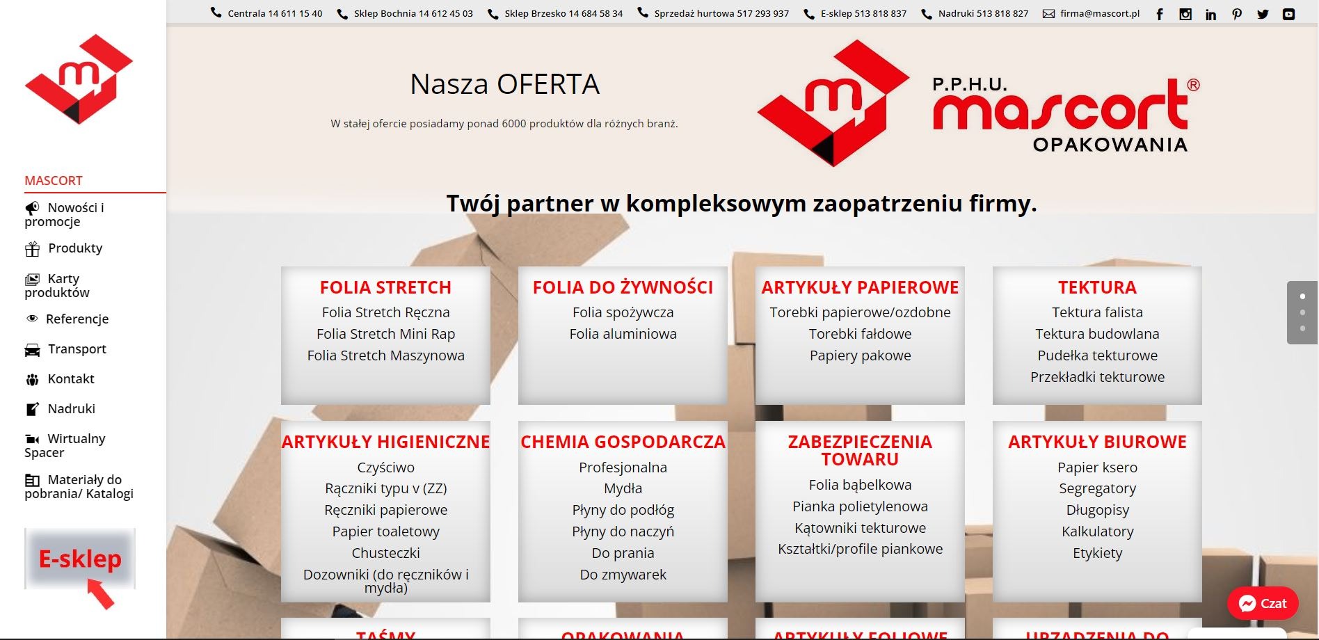 Strona internetowa firmy Mascort opakowania z ofertą folii stretch, folii do żywności, artykułów papierowych, tekstur, artykułów higienicznych, chemii gospodarczej, zabezpieczenia towaru...