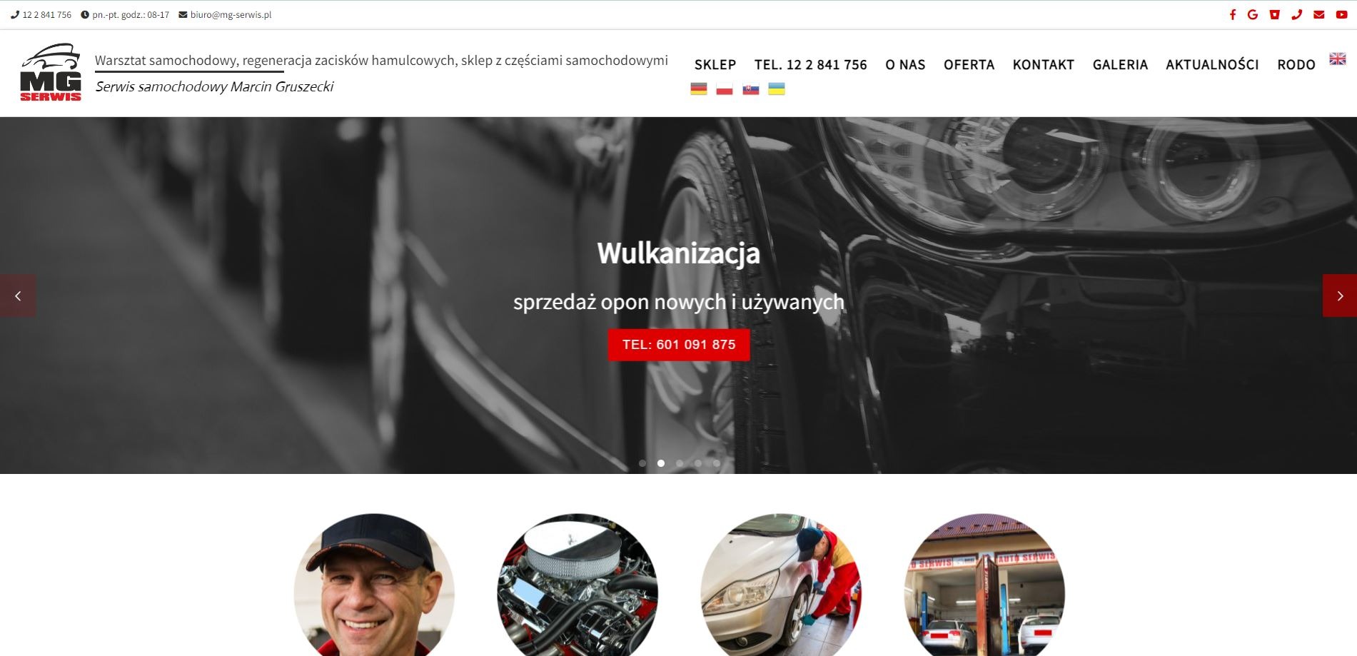 Strona internetowa serwisu samochodowego MG Serwis z czarno-białym zdjęciem zbliżenia reflektora i opony samochodu w tle, z tekstem 'Wulkanizacja, sprzedaż opon nowych i używanych' oraz numerem...