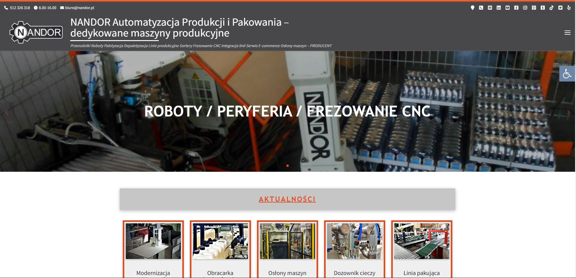 Strona internetowa firmy Nandor Automatyzacja Produkcji i Pakowania, prezentująca roboty, peryferia i frezowanie CNC. Na stronie widoczne aktualności z miniaturkami zdjęć.