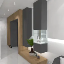 Wizualizacja nowoczesnego wnętrza z drewnianymi i szarymi elementami zabudowy, przeszkloną witryną z dekoracyjnymi kieliszkami, rośliną w doniczce i abstrakcyjnym obrazem na ścianie, oświetlona...