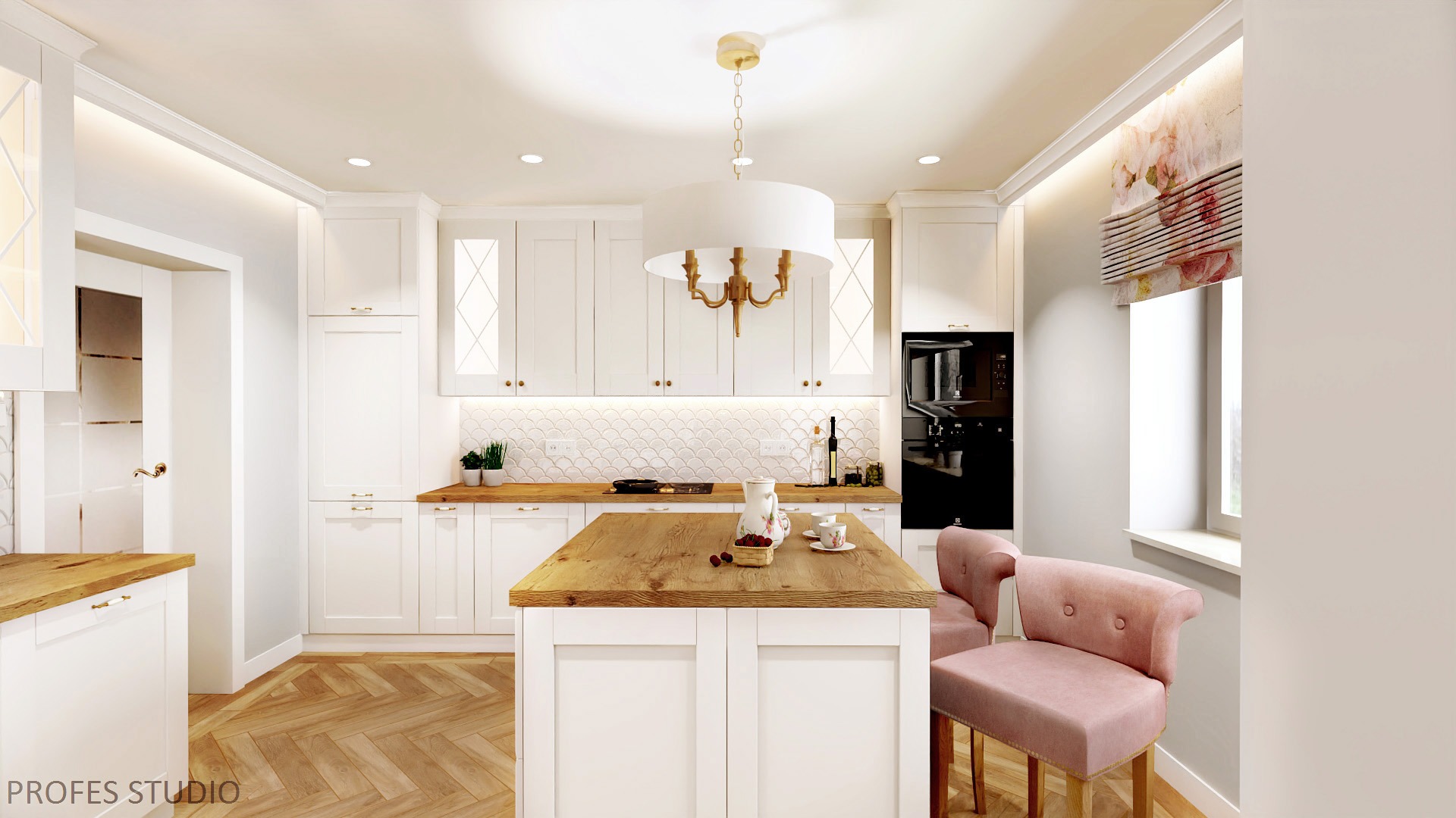 Jasna, przestronna kuchnia z drewnianym blatem, białymi szafkami i wyspą, oświetlona lampą z abażurem, z dekoracyjnymi krzesłami w kolorze pudrowego różu i parkietem ułożonym w jodełkę.