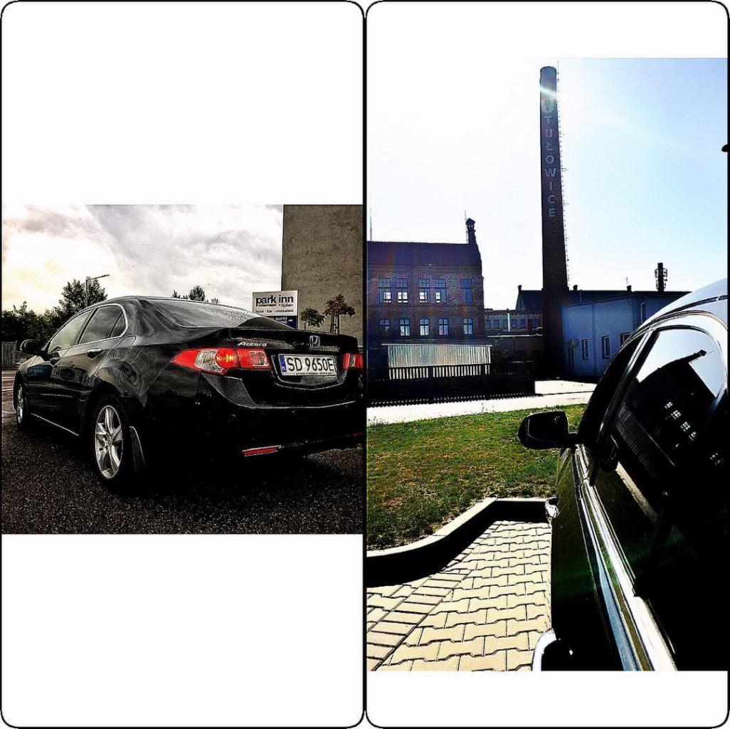 Czarne auto Honda Accord z numerem rejestracyjnym SD 9650E zaparkowane obok hotelu Park Inn, w tle komin fabryki w Oświęcimiu.