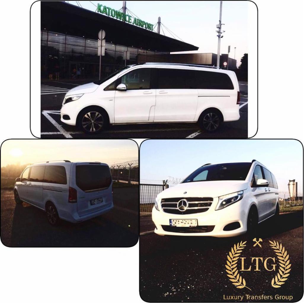 Kolaż zdjęć białego busa Mercedes V-klasy: przed budynkiem lotniska Katowice Airport, z tyłu na tle zachodzącego słońca i z przodu z logo Luxury Transfers Group.