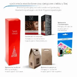 Kompozycja różnych rodzajów opakowań: kartonowe pudełko na alkohol z choinką, pudełko na kosmetyki z wizerunkiem kobiety, pudełka z eurozawieszką, torebki papierowe na żywność i inne produkty...