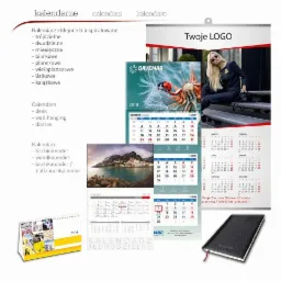 Kompozycja różnych kalendarzy: biurkowych, ściennych, wieloplanszowych, z miejscem na logo firmy, w tym kalendarz jednodzielny z widocznym logo MAR.