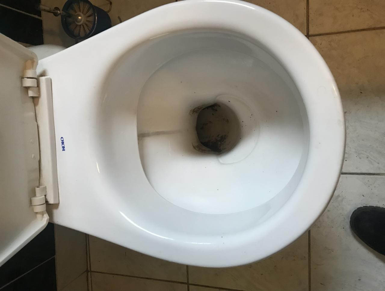 Zanieczyszczona muszla klozetowa z widocznym osadem i szczotką do WC w tle, ujęcie z góry.