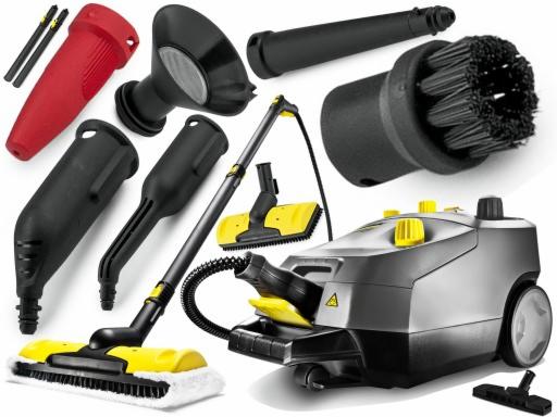 Zestaw akcesoriów do parowego urządzenia czyszczącego, zawierający dysze, szczotki i końcówki w kolorze czarnym, czerwonym i żółtym, ułożone wokół głównego urządzenia na białym tle.