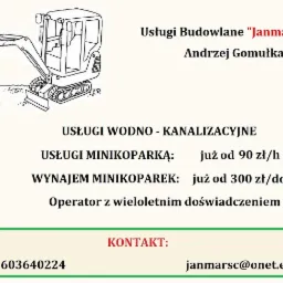Szkic minikoparki z łyżką, umieszczony nad tekstem reklamowym firmy budowlanej Janmar s.c. oferującej usługi wodno-kanalizacyjne oraz wynajem minikoparek.