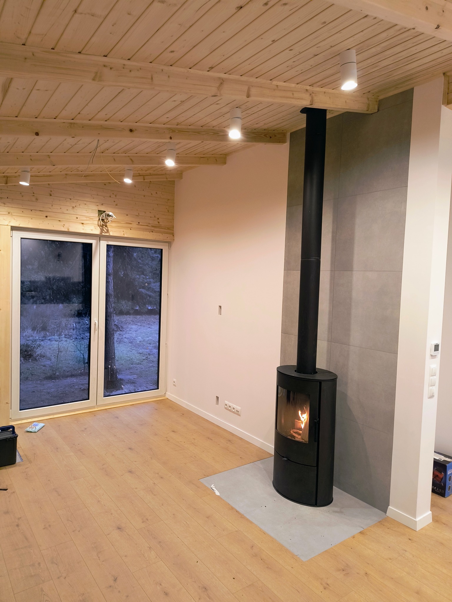 Wnętrze domu szkieletowego z drewnianym stropem, nowoczesnym piecem wolnostojącym z czarnym kominem oraz dużymi oknami przesuwnymi.