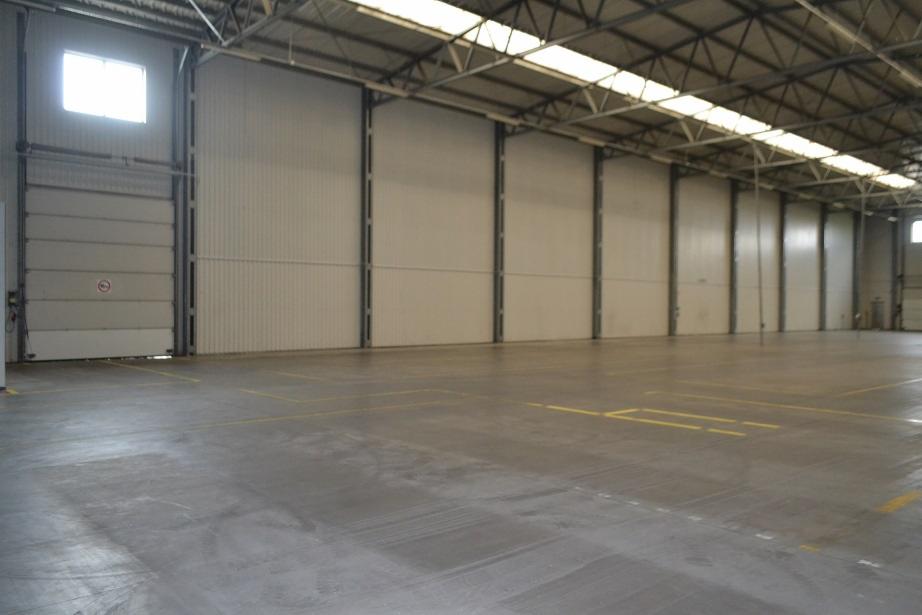 Pusta hala magazynowa z betonową podłogą, widoczne żółte linie wyznaczające strefy, brama wjazdowa z lewej strony i metalowa konstrukcja dachu