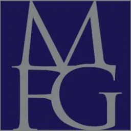 Logo firmy w formie monogramu z liter MFG na ciemnoniebieskim tle.