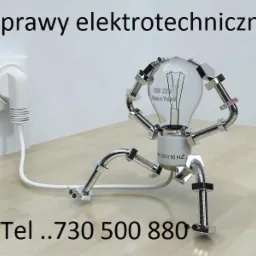 Kreatywna grafika przedstawiająca żarówkę jako postać, z elementami metalowymi i śrubami, podłączoną do gniazdka, z tekstem 'Naprawy elektrotechniczne' i numerem telefonu.