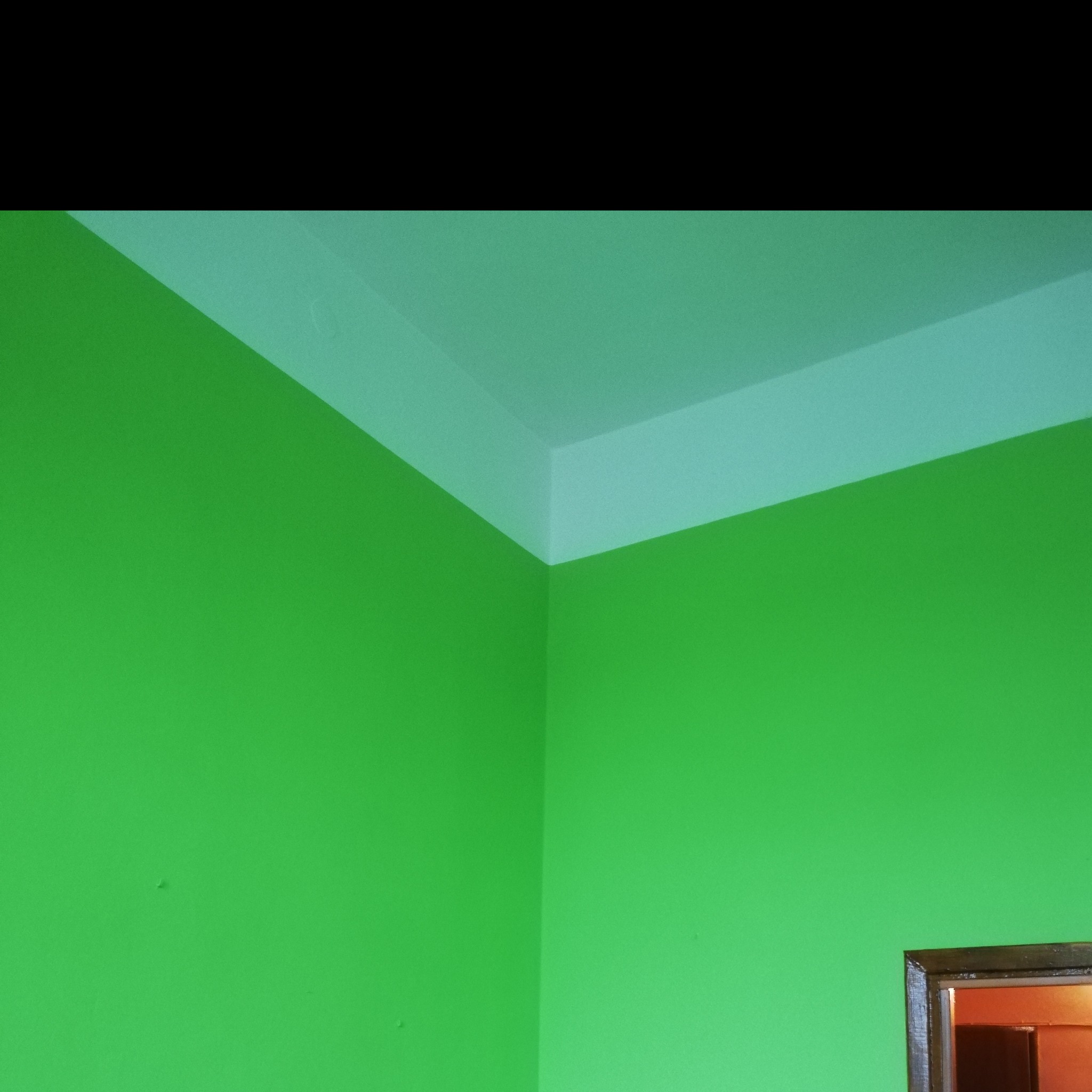 Jasnozielona ściana pomalowana na gładko, z widocznym fragmentem białego sufitu i górną częścią futryny drzwi w prawym dolnym rogu.