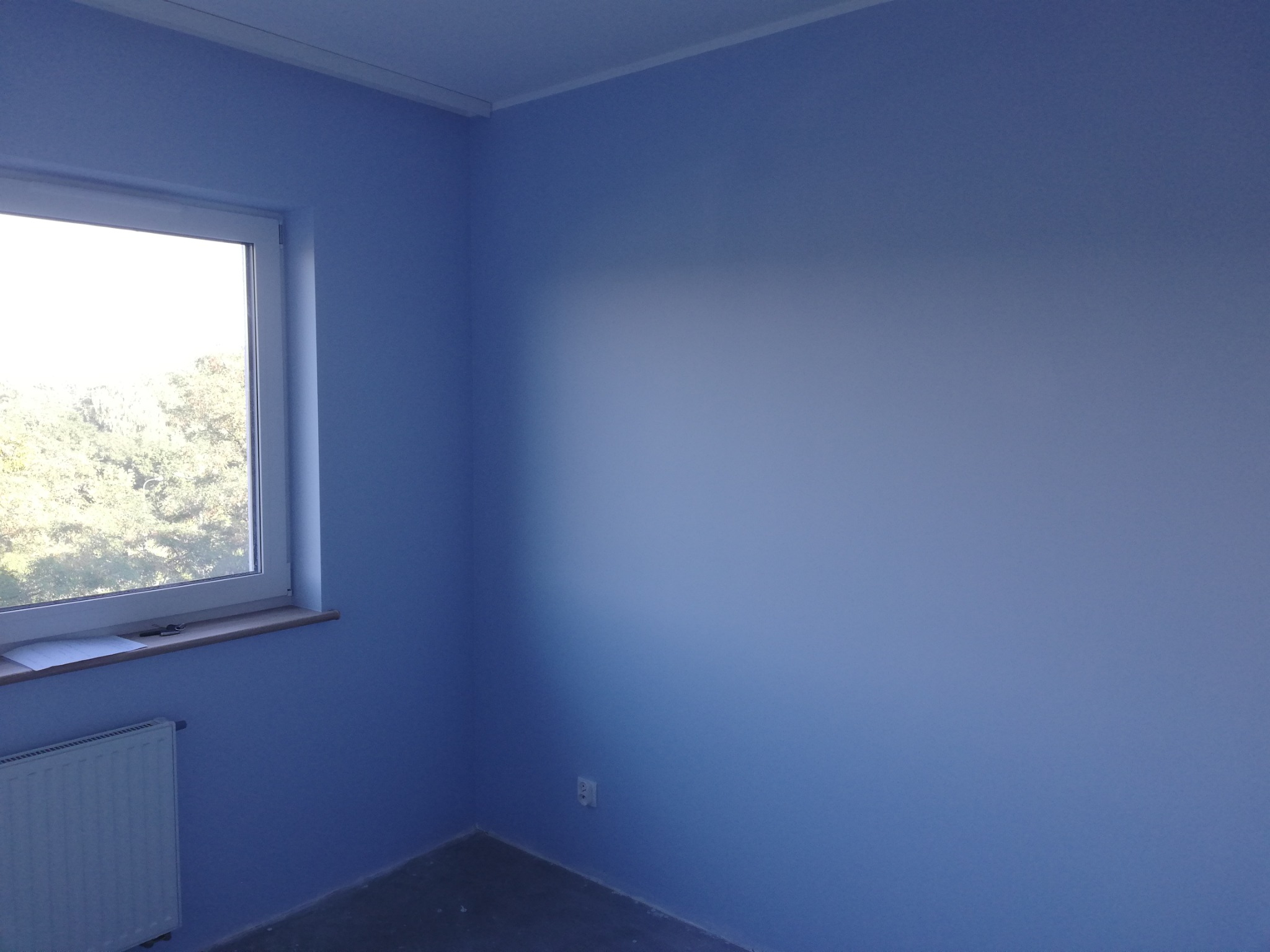 Świeżo pomalowany pokój w odcieniach błękitu, widoczne okno z widokiem na zieleń, biały grzejnik oraz gniazdko elektryczne przy podłodze.