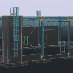 Wizualizacja 3D szkieletu hali stalowej z elementami konstrukcyjnymi w kolorze niebieskim i pomarańczowym, przedstawiona na ciemnoszarym tle z widocznymi fundamentami i schodami.