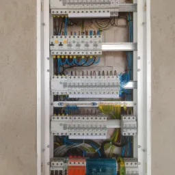 Rozdzielnica elektryczna z widocznymi bezpiecznikami, przewodami w różnych kolorach, zabezpieczeniami przeciwprzepięciowymi i listwami montażowymi, zainstalowana w białej obudowie na tle surowej...