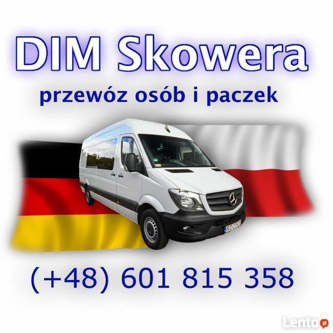 Biały bus firmy DIM Skowera na tle flagi Niemiec i Polski, z widocznym numerem telefonu.