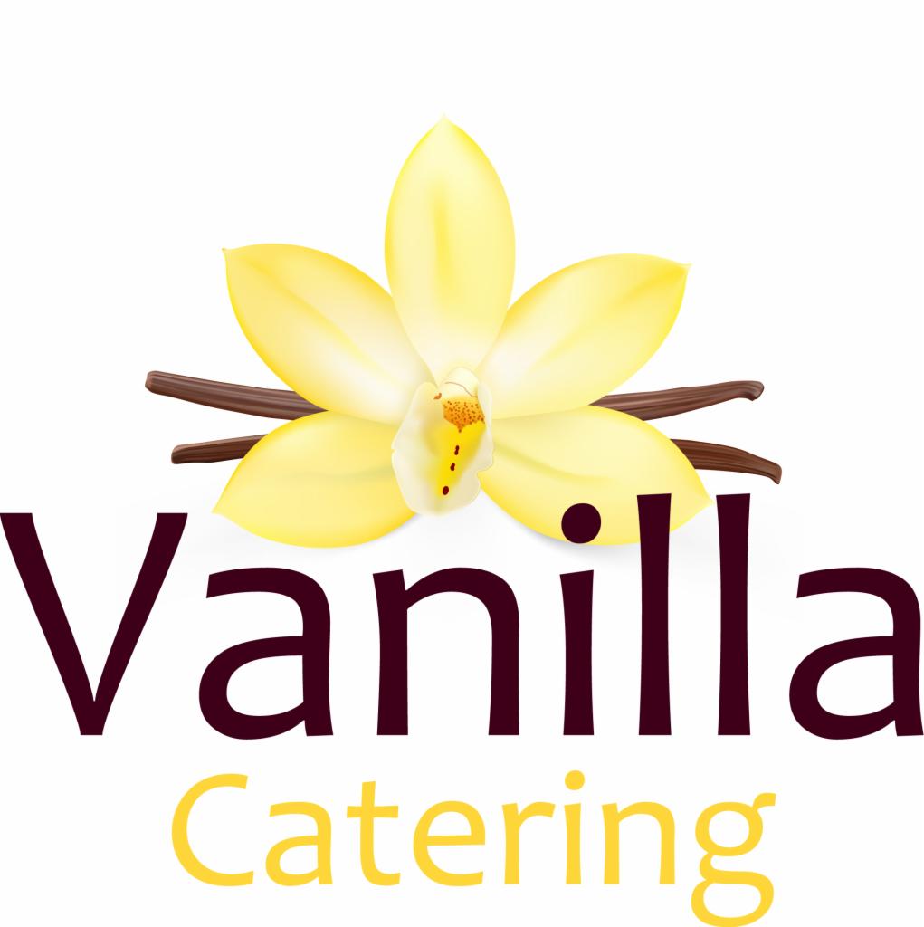 Logo Vanilla Catering z żółtą orchideą i laskami wanilii, czcionka w odcieniach brązu i żółci.