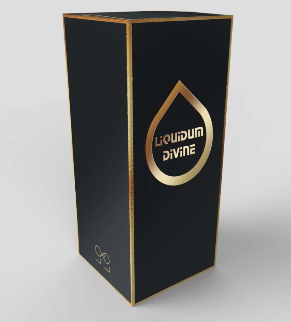 Eleganckie, czarne opakowanie produktu z złotym obramowaniem i złotym logo Liquidum Divine w kształcie kropli.