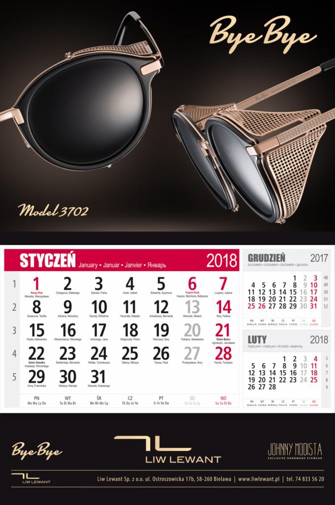 Kalendarz firmowy 2018 z dużym zbliżeniem na czarno-złote okulary marki Bye Bye, model 3702, na czarnym tle.