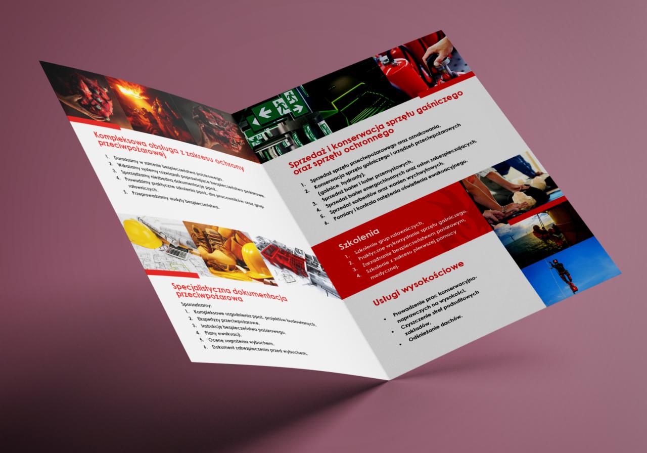 Rozłożona ulotka reklamowa z ofertą usług z zakresu ochrony przeciwpożarowej, w tym sprzedaży i konserwacji sprzętu gaśniczego, szkoleń, dokumentacji i usług wysokościowych.