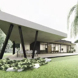 Wizualizacja nowoczesnego domu jednorodzinnego z płaskim dachem wspartym na skośnych, czarnych kolumnach, otoczonego zielonym trawnikiem i bujną roślinnością.