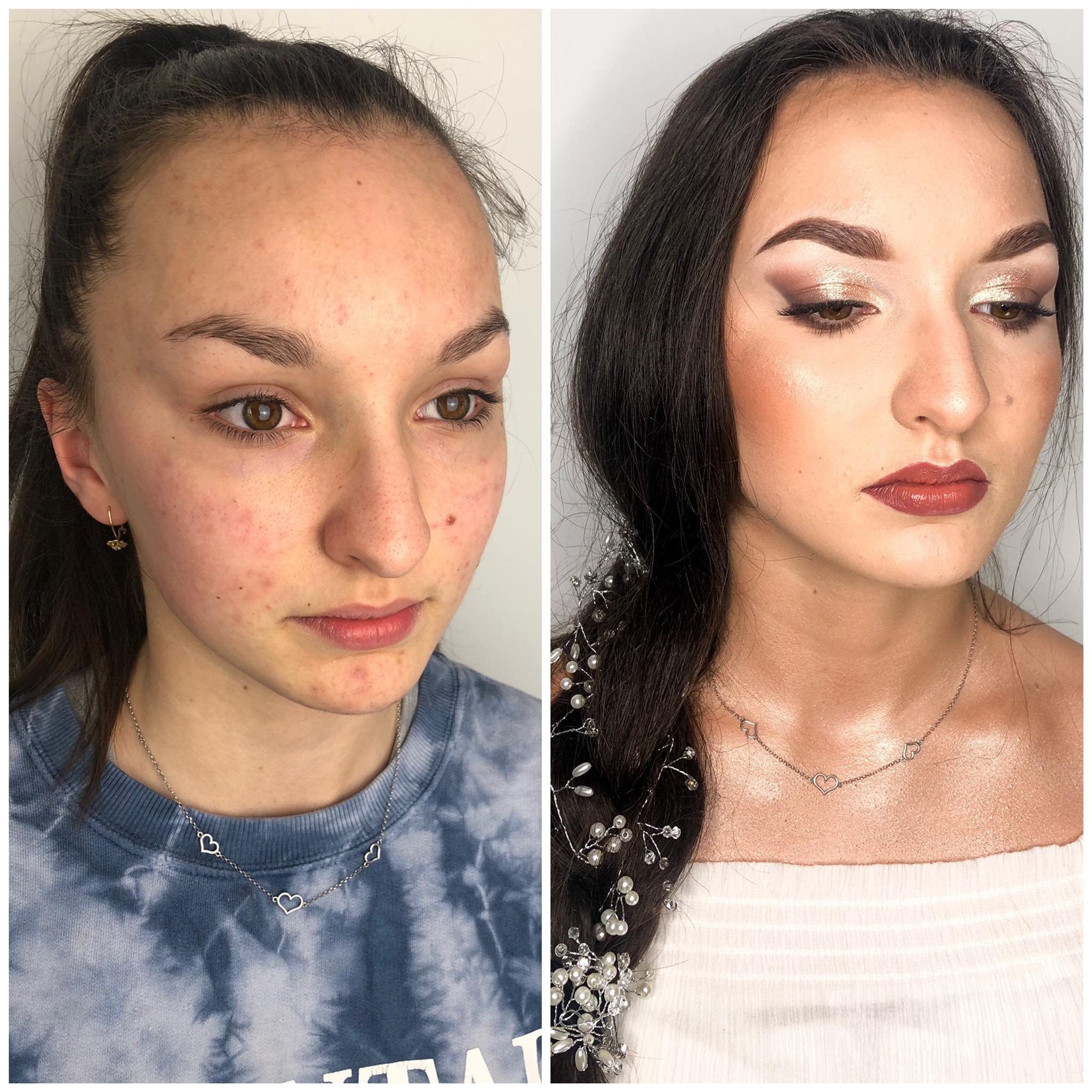 Porównanie przed i po: dziewczyna z cerą problematyczną przed i po profesjonalnym makijażu, z uwzględnieniem cieniowania powiek i konturowania twarzy, włosy splecione z ozdobami.
