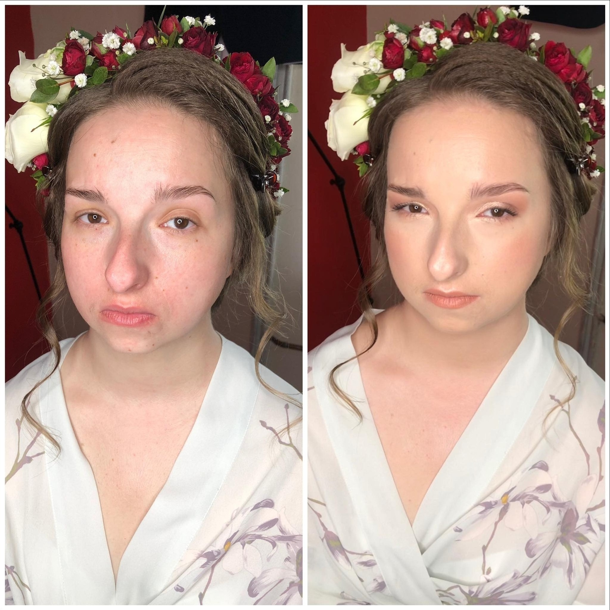 Kolaż przedstawiający twarz kobiety przed i po makijażu ślubnym, z wiankiem z czerwonych i białych kwiatów. Po prawej stronie widoczny delikatny makijaż w odcieniach brzoskwini i beżu.