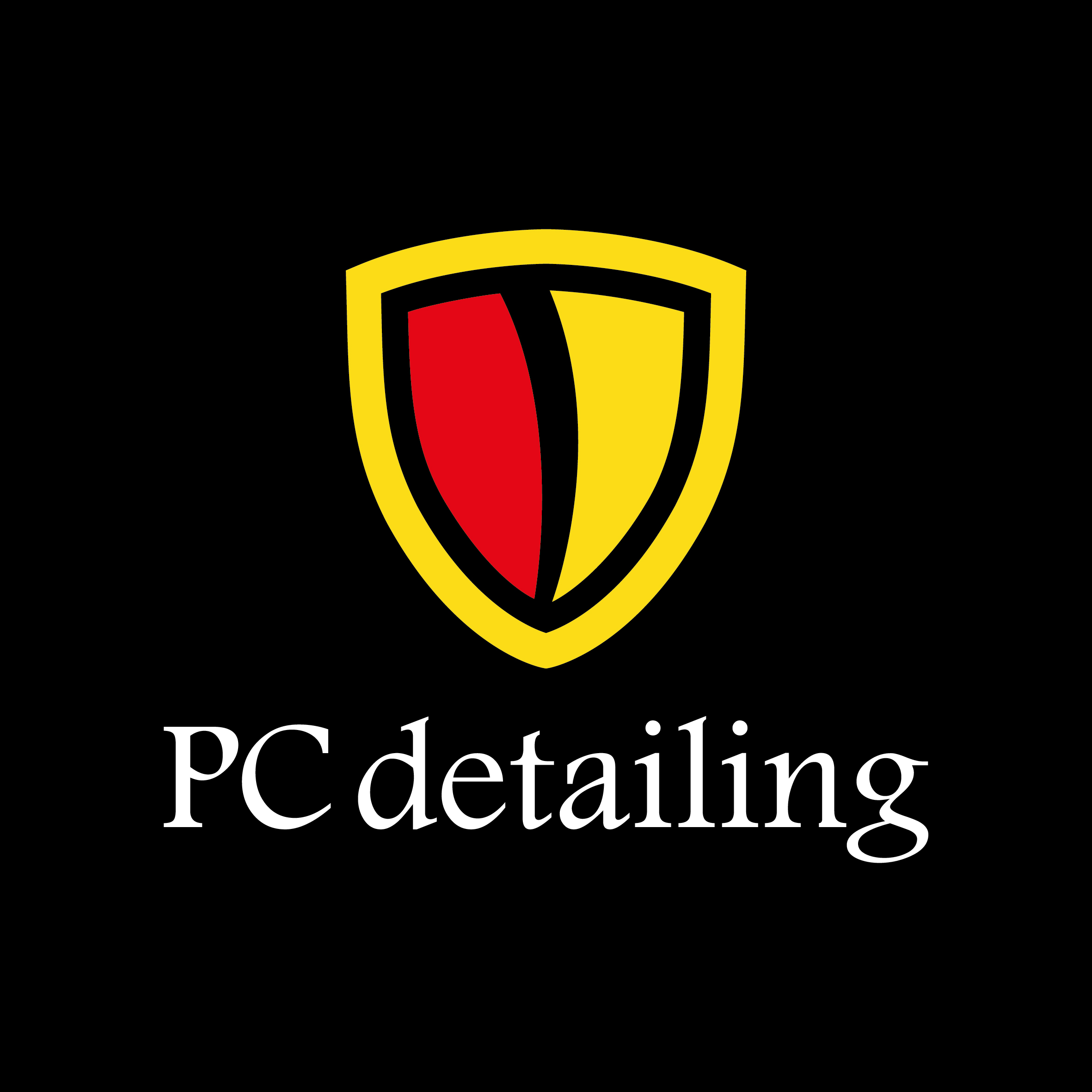 Logo firmy PC detailing przedstawiające stylizowaną tarczę w kolorach czerwonym i żółtym na czarnym tle.