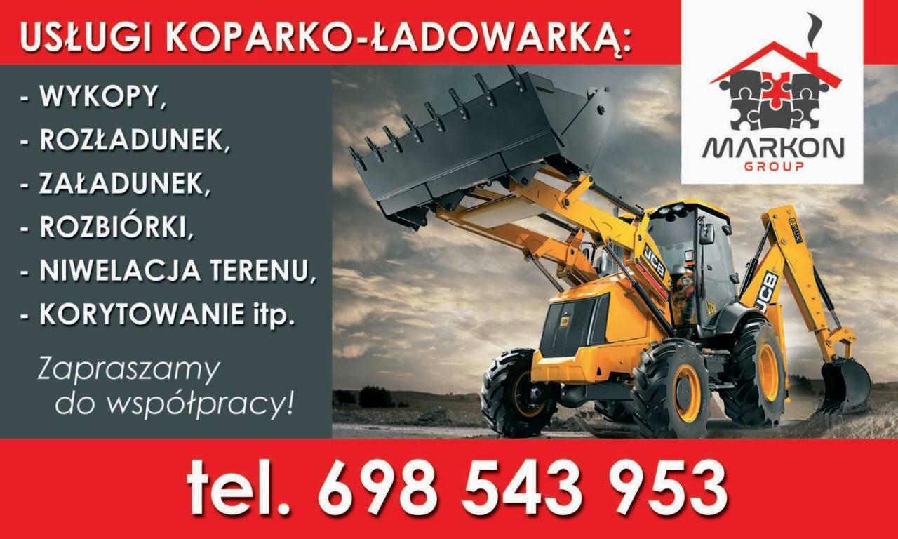 Żółta koparko-ładowarka JCB na tle ziemi i pochmurnego nieba, obok logo firmy Markon Group i numeru telefonu kontaktowego.
