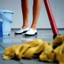 Podłoga z płytek podczas mycia mopem, obok wiadro z płynem, osoba w białych mokasynach.