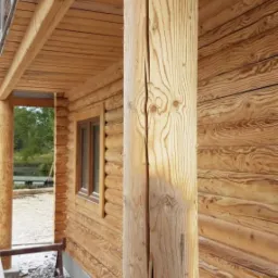 Drewniana kolumna z wyraźnym pęknięciem wzdłuż słojów, stanowiąca element konstrukcyjny domu z bali o ciepłym, naturalnym odcieniu drewna.