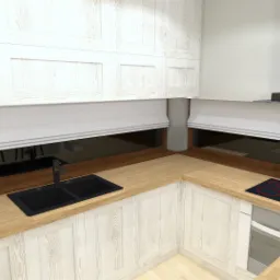 Wizualizacja kuchni w stylu skandynawskim z drewnianymi blatami, białymi szafkami z frezowanymi frontami, roletami rzymskimi i czarnym zlewem.