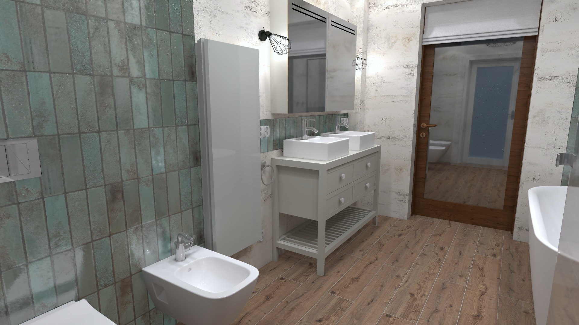 Wizualizacja łazienki z bidetem, umywalką nablatową na szafce z półką, grzejnikiem drabinkowym, lustrem z oświetleniem i drewnianą podłogą, widok na toaletę za szklanymi drzwiami.