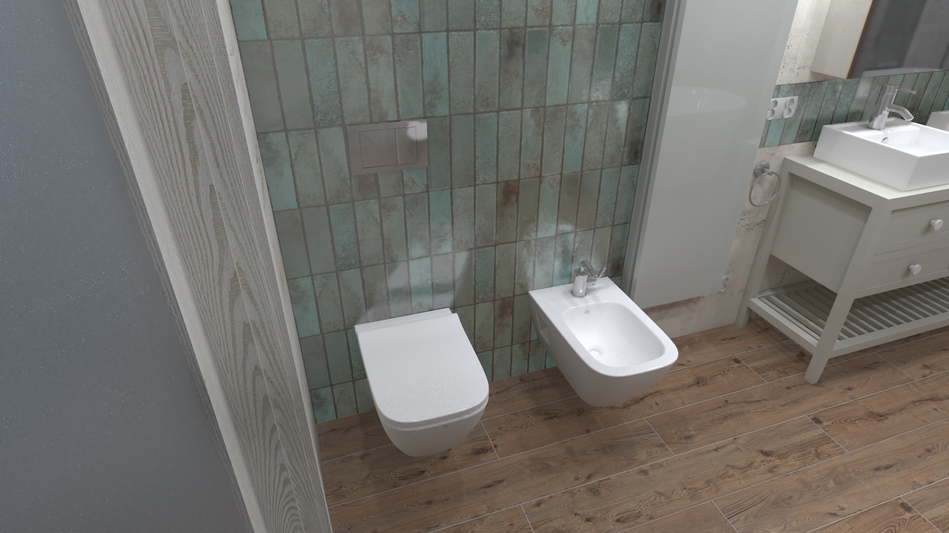 Nowoczesna łazienka z turkusowymi płytkami imitującymi cegłę, białą armaturą (toaleta i bidet) oraz umywalką na szafce w stylu retro z drewnianą podłogą.