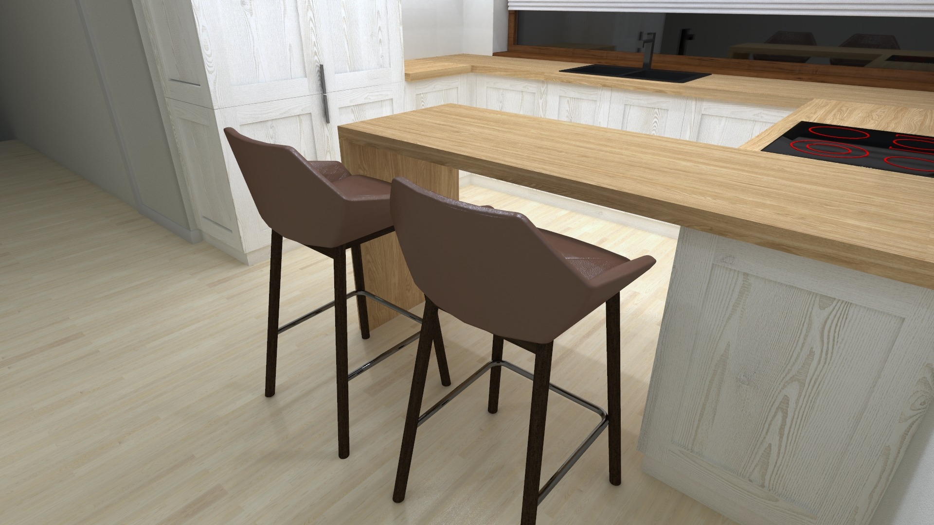 Dwa brązowe hokery przy drewnianym blacie kuchennym z płytą indukcyjną, białe szafki w tle, jasna drewniana podłoga.