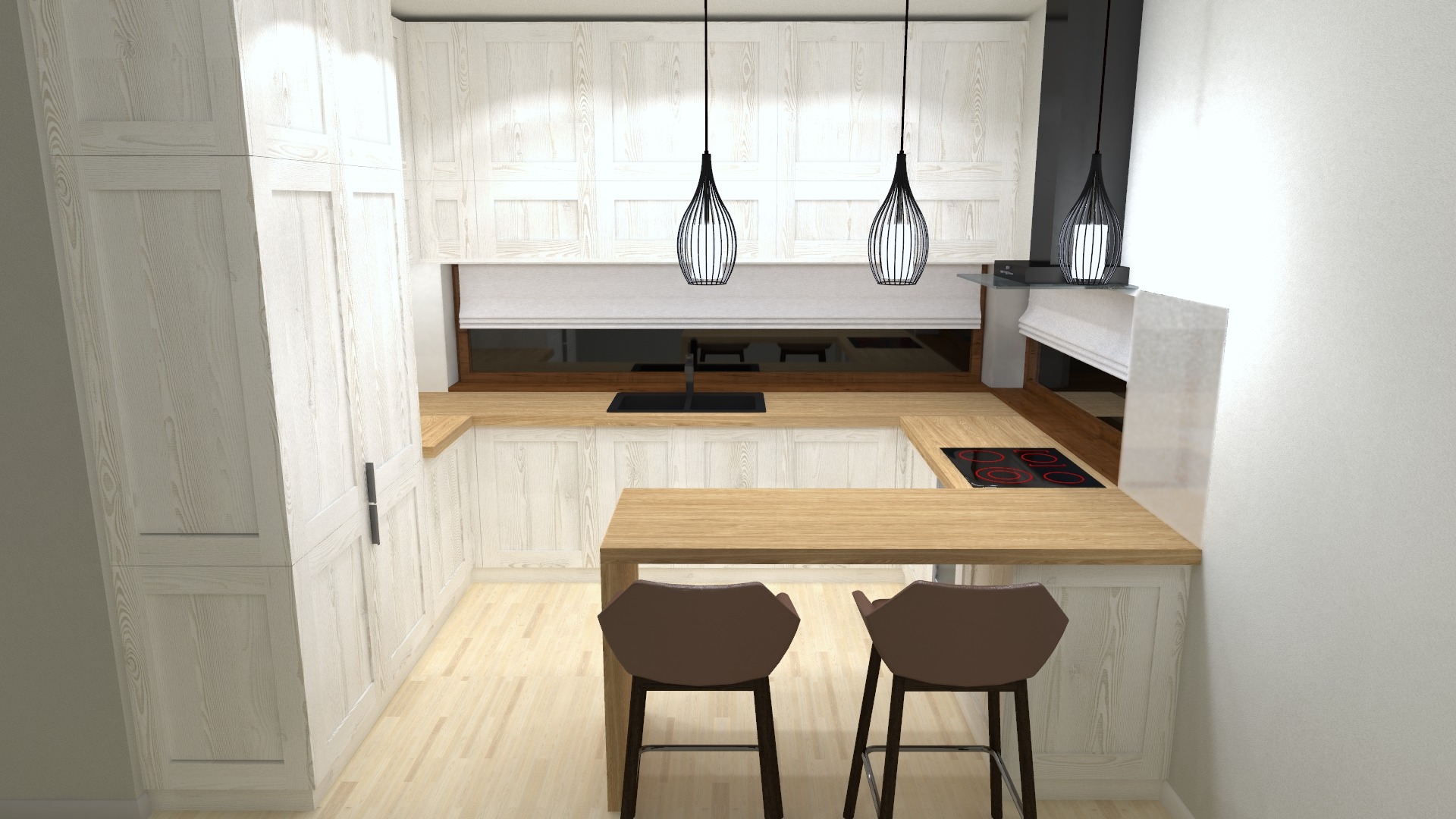 Wizualizacja kuchni z białymi, drewnianymi frontami, drewnianym blatem, dwoma nowoczesnymi lampami wiszącymi nad blatem-wyspą i dwoma hokerami z brązowym siedziskiem.
