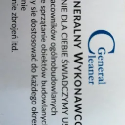 Wizytówka firmy 'General Cleaner' z Chrzanowa, oferującej usługi najmu pracowników ogólnobudowlanych, generalnego sprzątania obiektów budowlanych, odśnieżania i odmrażania zbrojeń.