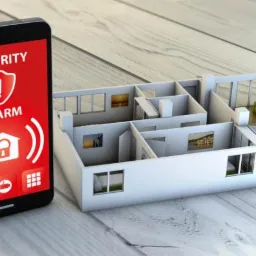 Smartfon z aplikacją alarmową na czerwonym tle, wyświetlający ikonę kłódki w domu i wykrzyknik w tarczy, obok modelu architektonicznego domu na drewnianej powierzchni.
