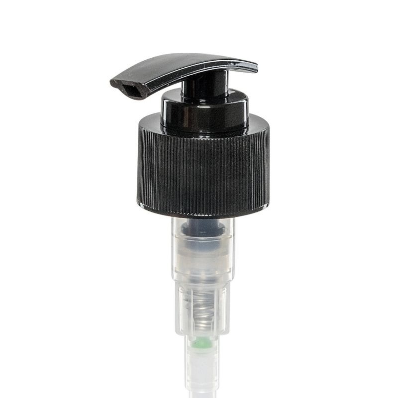 Czarny dozownik do mydła lub płynu, z przezroczystym mechanizmem wewnętrznym i zielonym elementem, na białym tle.