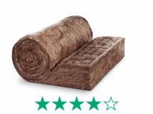 Brązowa wełna mineralna w rolce i w postaci płyty, ułożona na białym tle, z naniesioną oceną w postaci gwiazdek.