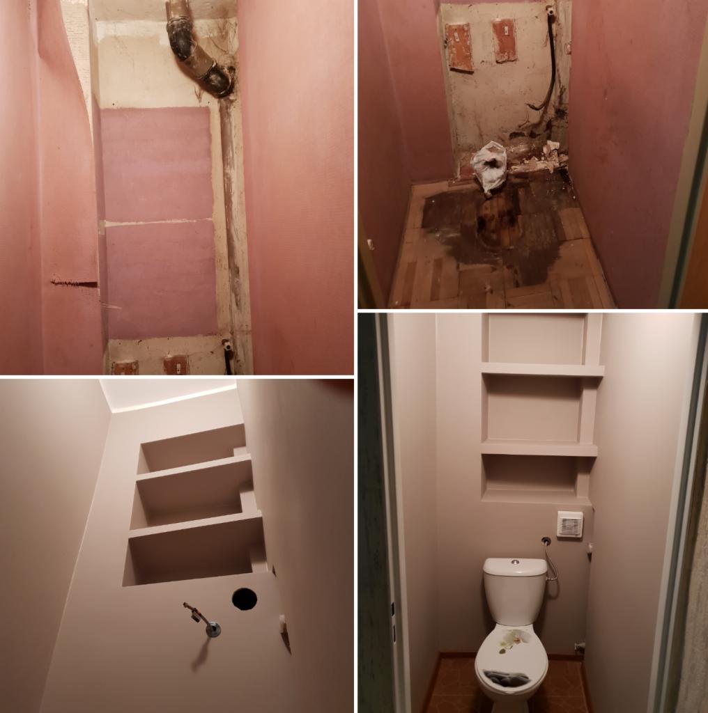 Kolaż przedstawia łazienkę w trakcie i po remoncie: od stanu surowego z odkrytymi rurami i resztkami po demontażu, przez przygotowanie ścian z gładzią i wnękami, do wykończonej toalety z nową...