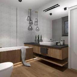 Nowoczesna łazienka z białą ceglaną ścianą, drewnianymi akcentami, wiszącymi lampami w stylu industrialnym i minimalistyczną umywalką.