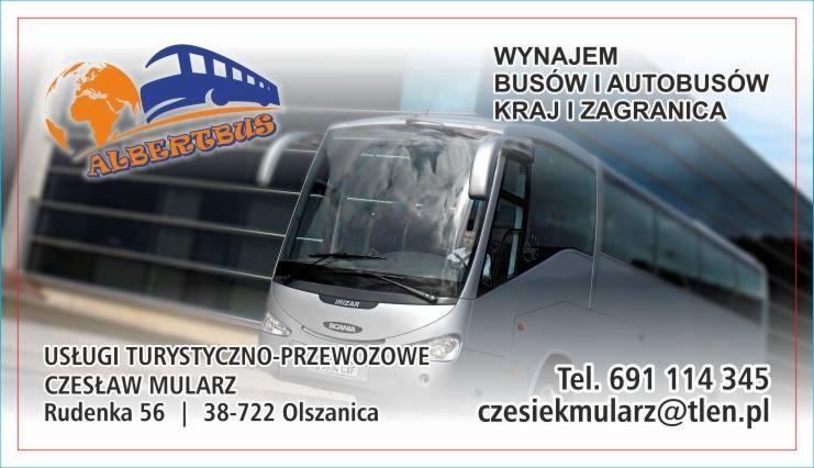Reklama firmy Albertbus oferującej wynajem busów i autobusów na krajowe i zagraniczne trasy, z logo przedstawiającym globus i stylizowany autobus.